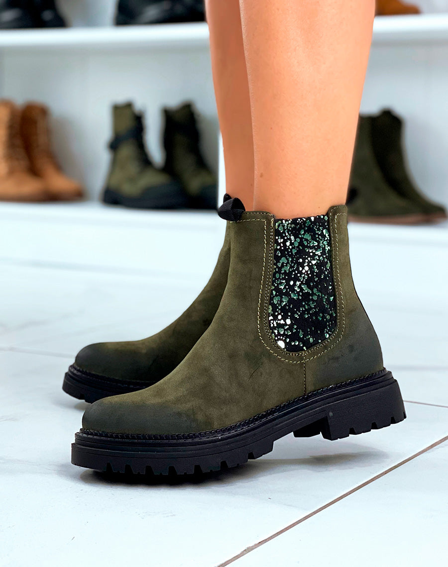 Bottines femme kaki avec détail brillant
