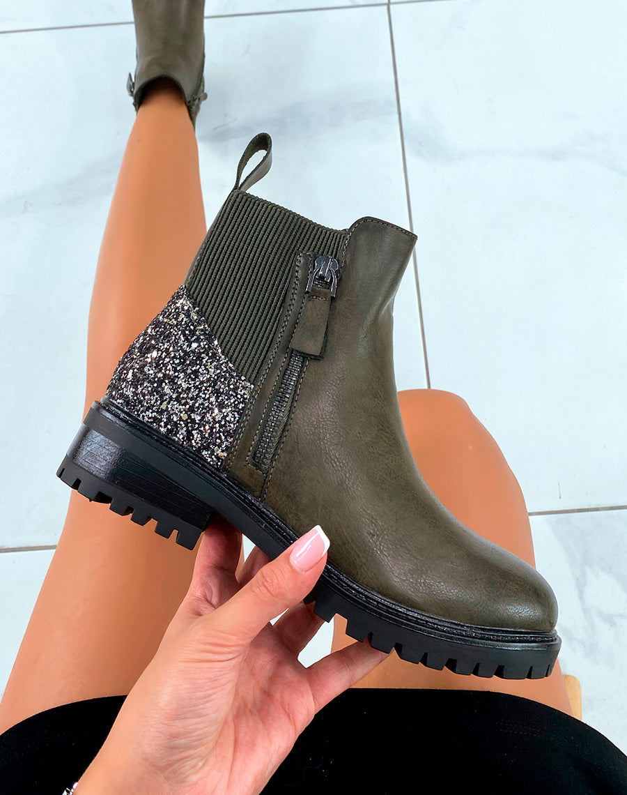 Bottines femme kaki avec détail paillette