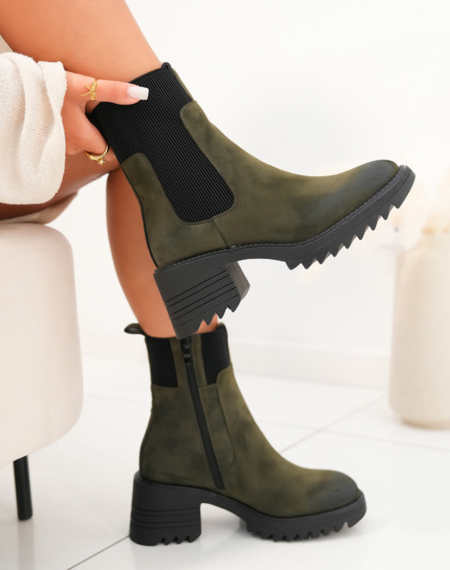 Bottines Femme Kaki Chic : Talon Subtil & Élastique