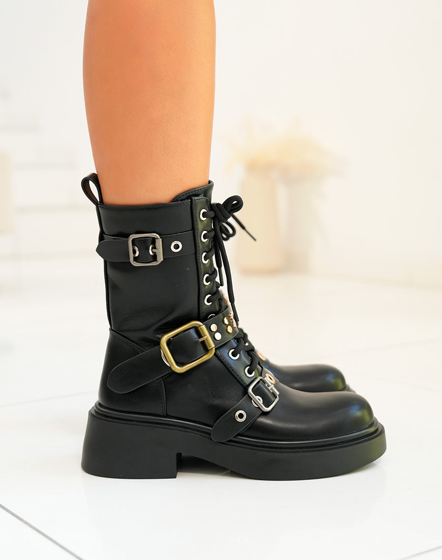 Bottines femme à lacets avec sangles et détails dorés bout rond et talon