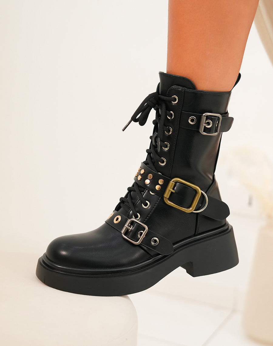 Bottines femme à lacets avec sangles et détails dorés bout rond et talon