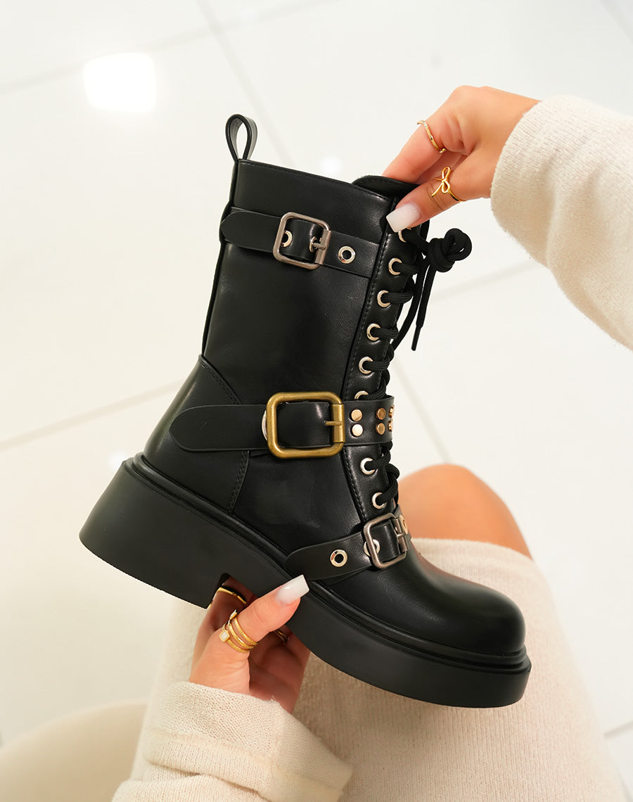 Bottines femme à lacets avec sangles et détails dorés bout rond et talon