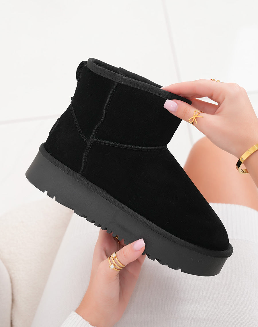 Bottines femme mi-hautes en cuir noir fourrées avec plateforme