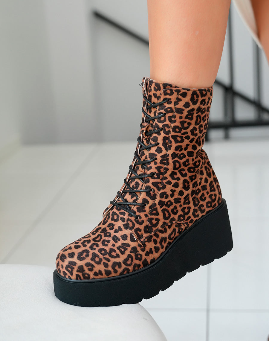 Bottines Femme Montantes en Suédine à Motif Léopard avec Talon Épais