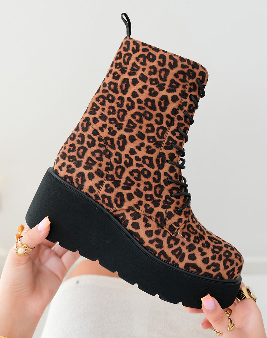 Bottines Femme Montantes en Suédine à Motif Léopard avec Talon Épais
