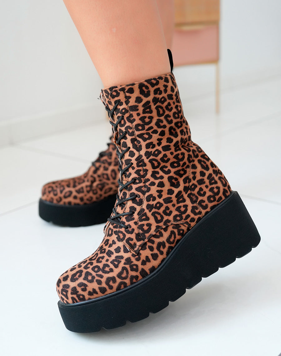 Bottines Femme Montantes en Suédine à Motif Léopard avec Talon Épais