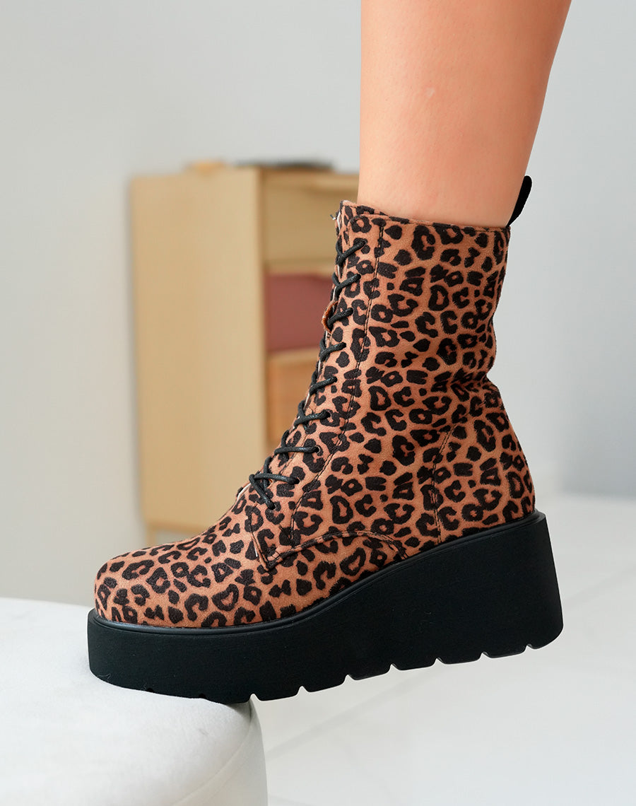 Bottines Femme Montantes en Suédine à Motif Léopard avec Talon Épais