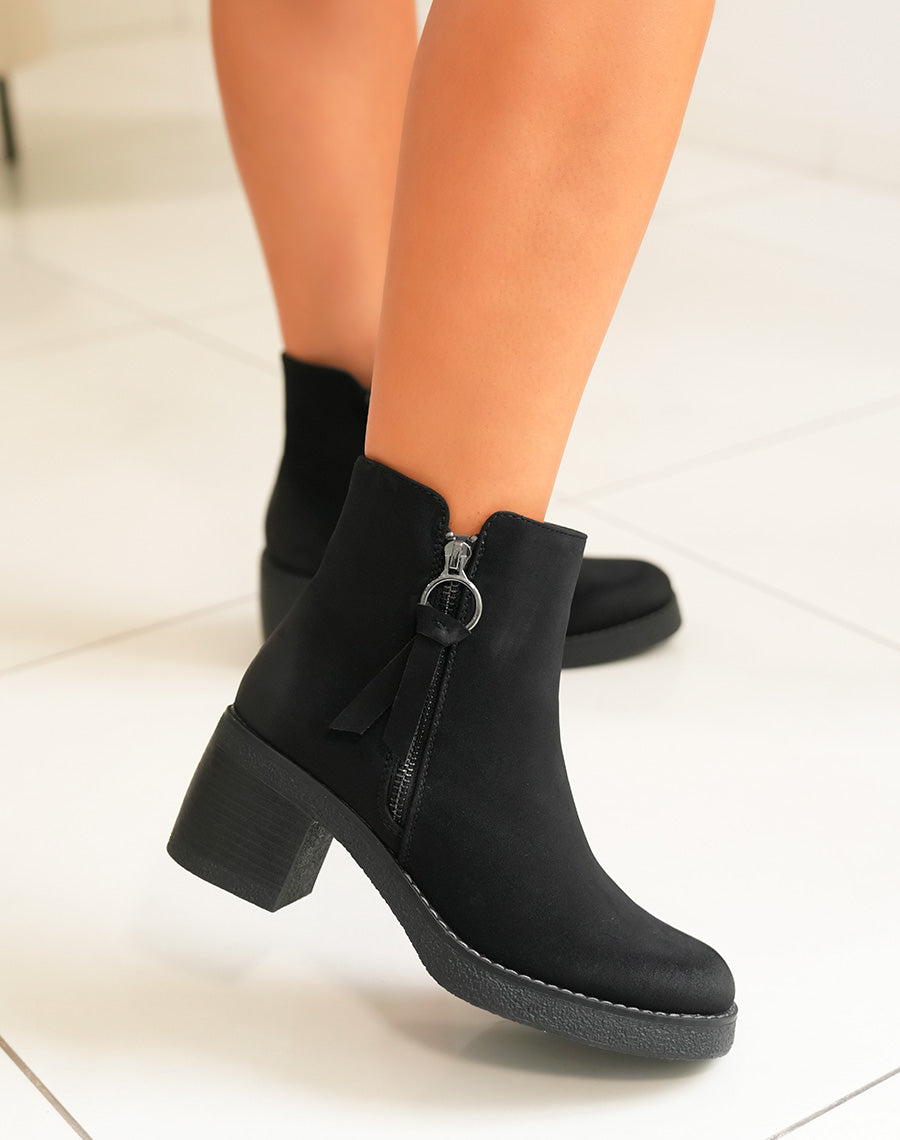 Bottines Femme Noir Élégantes : Effet Daim & Zip