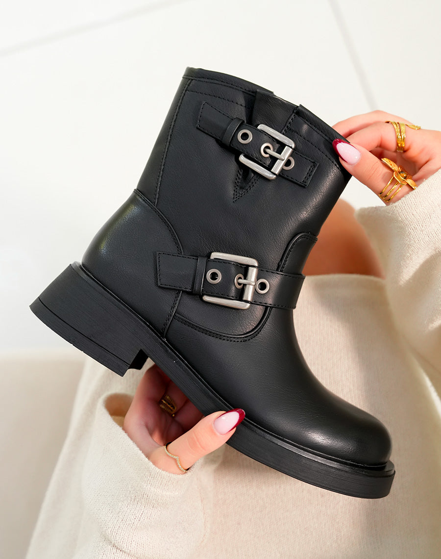 Bottines femme noires avec deux lanières argentées