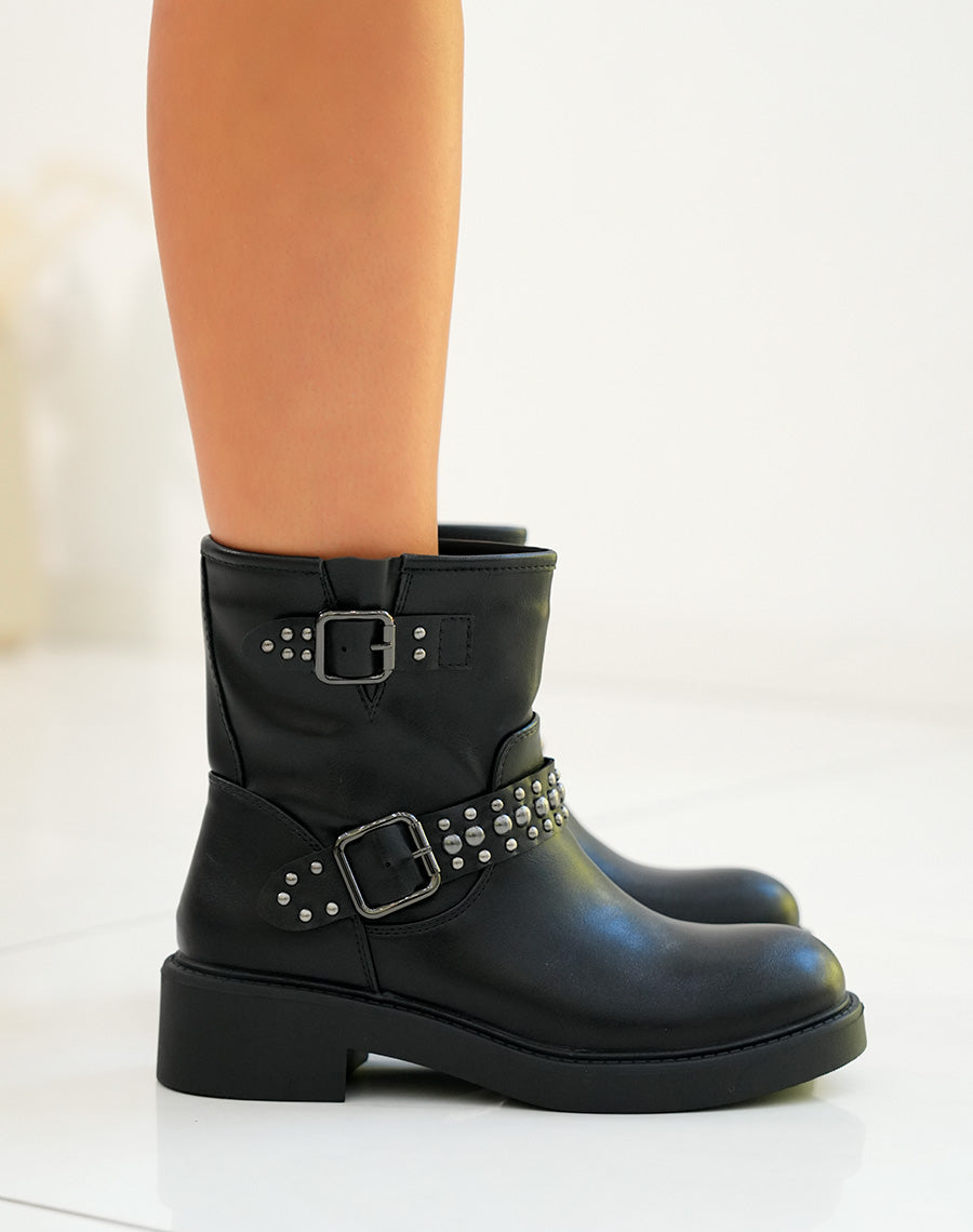 Bottines femme noires avec lanières argentées et petit talon