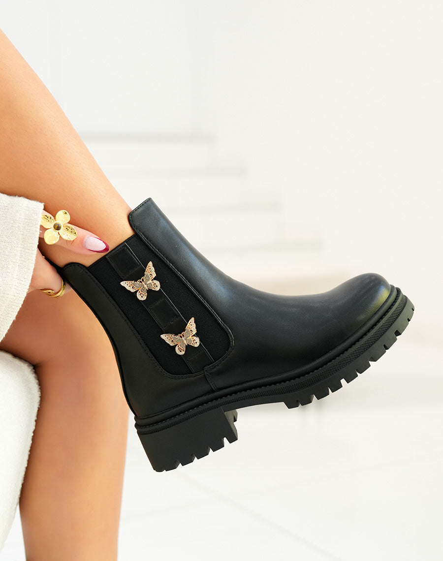 Bottines femme noires avec papillons dorés et semelle crantée