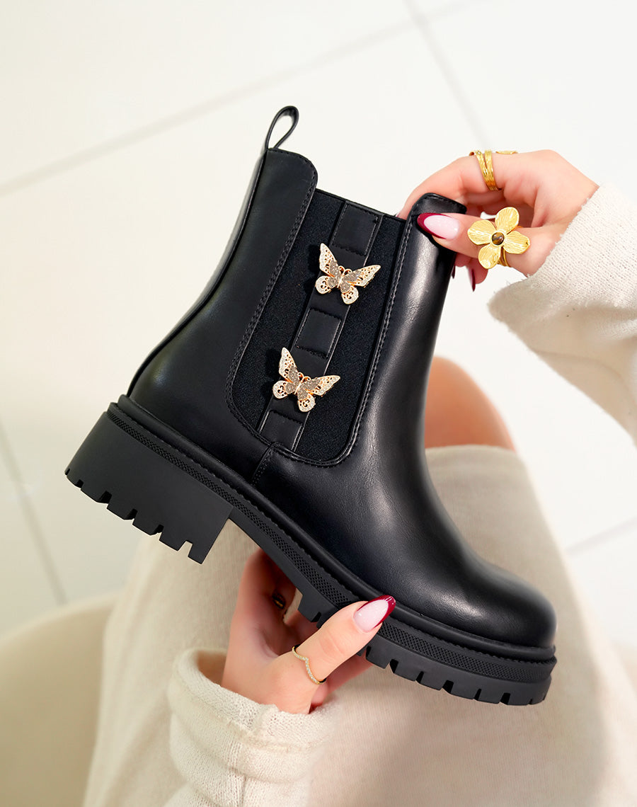 Bottines femme noires avec papillons dorés et semelle crantée