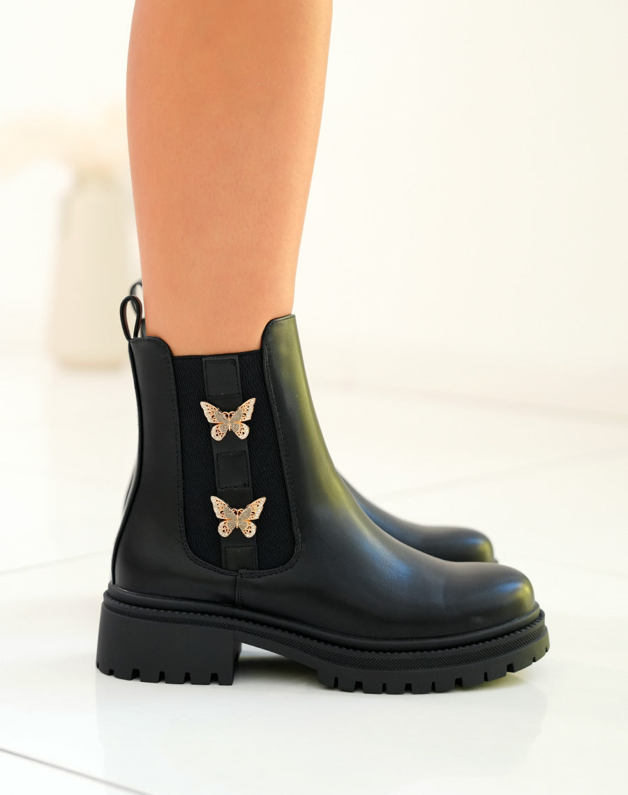 Bottines femme noires avec papillons dorés et semelle crantée