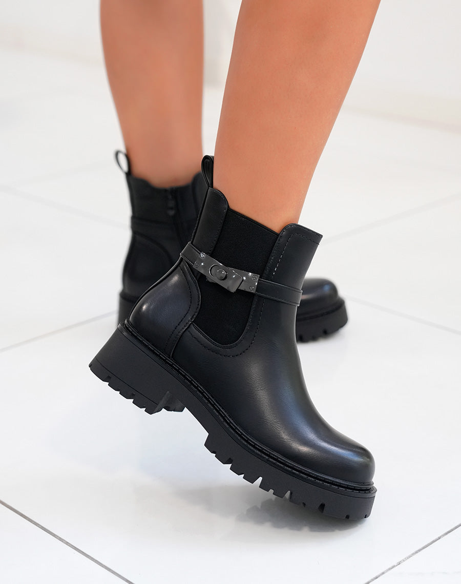 Bottines femme noires avec sangle et détail gris anthracite