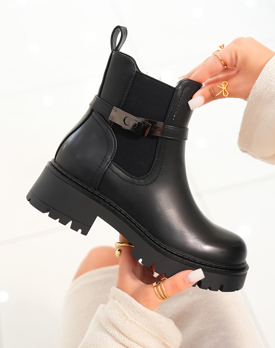 Bottines femme noires avec sangle et détail gris anthracite