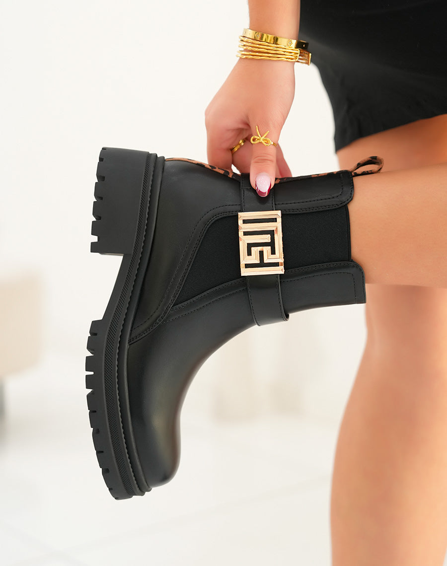 Bottines femme noires bi-matière tendance avec bijou doré et détail léopard