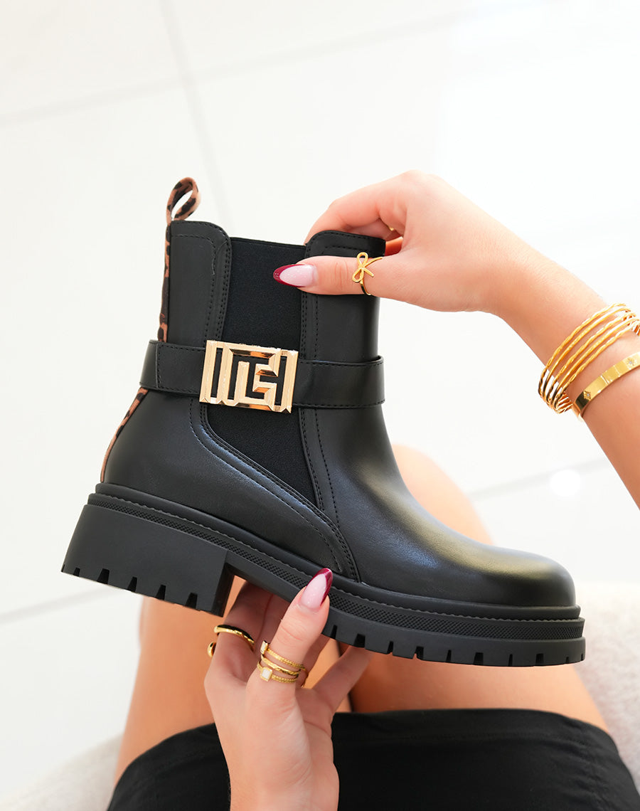 Bottines femme noires bi-matière tendance avec bijou doré et détail léopard