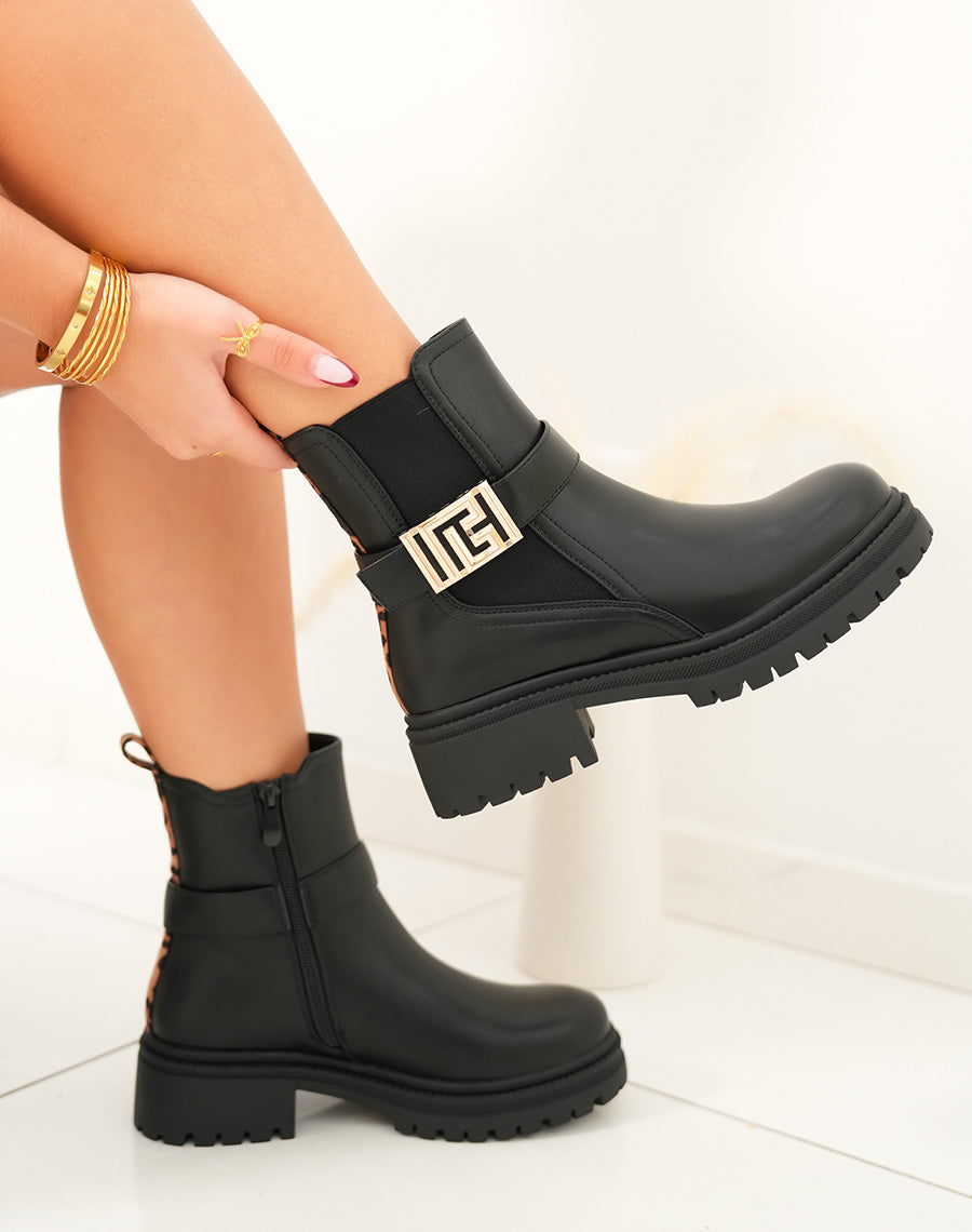 Bottines femme noires bi-matière tendance avec bijou doré et détail léopard