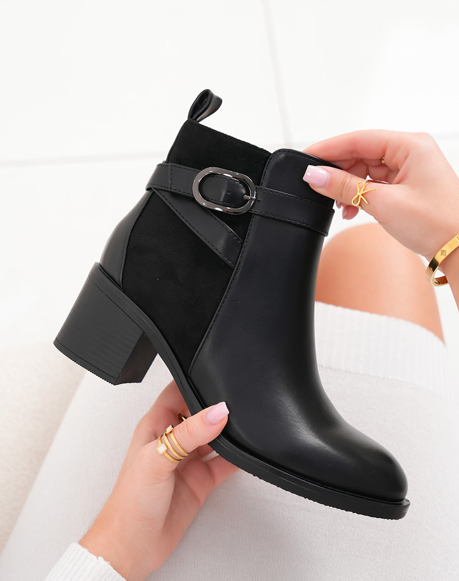 Bottines femme noires bi-matières à talon carré et boucle anthracite