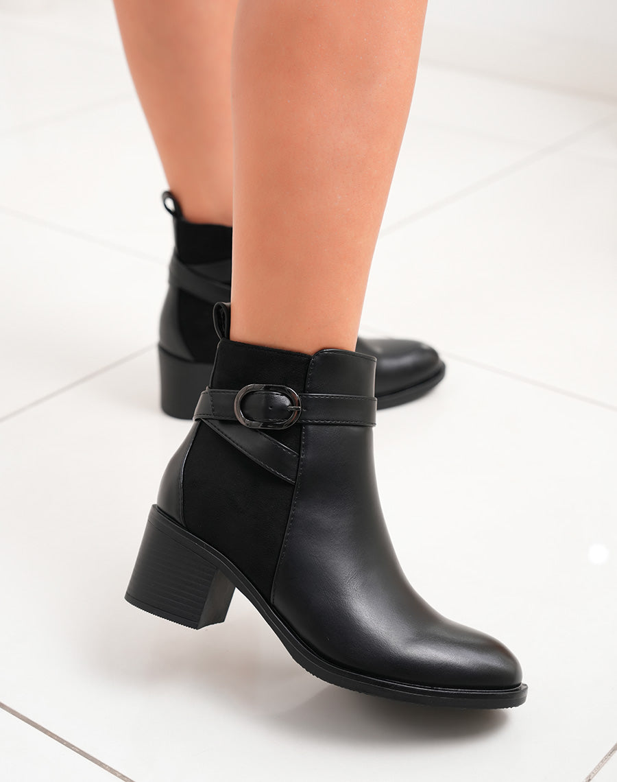 Bottines femme noires bi-matières à talon carré et boucle anthracite