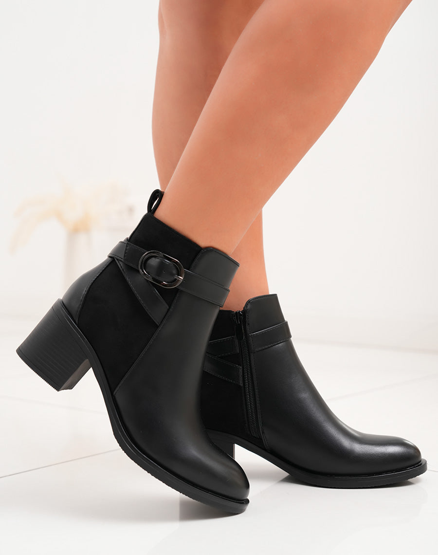 Bottines femme noires bi-matières à talon carré et boucle anthracite