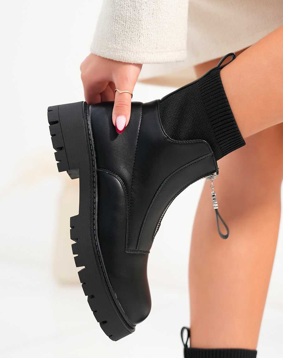 Bottines femme noires effet chaussettes avec fermeture zippée et semelle crantée