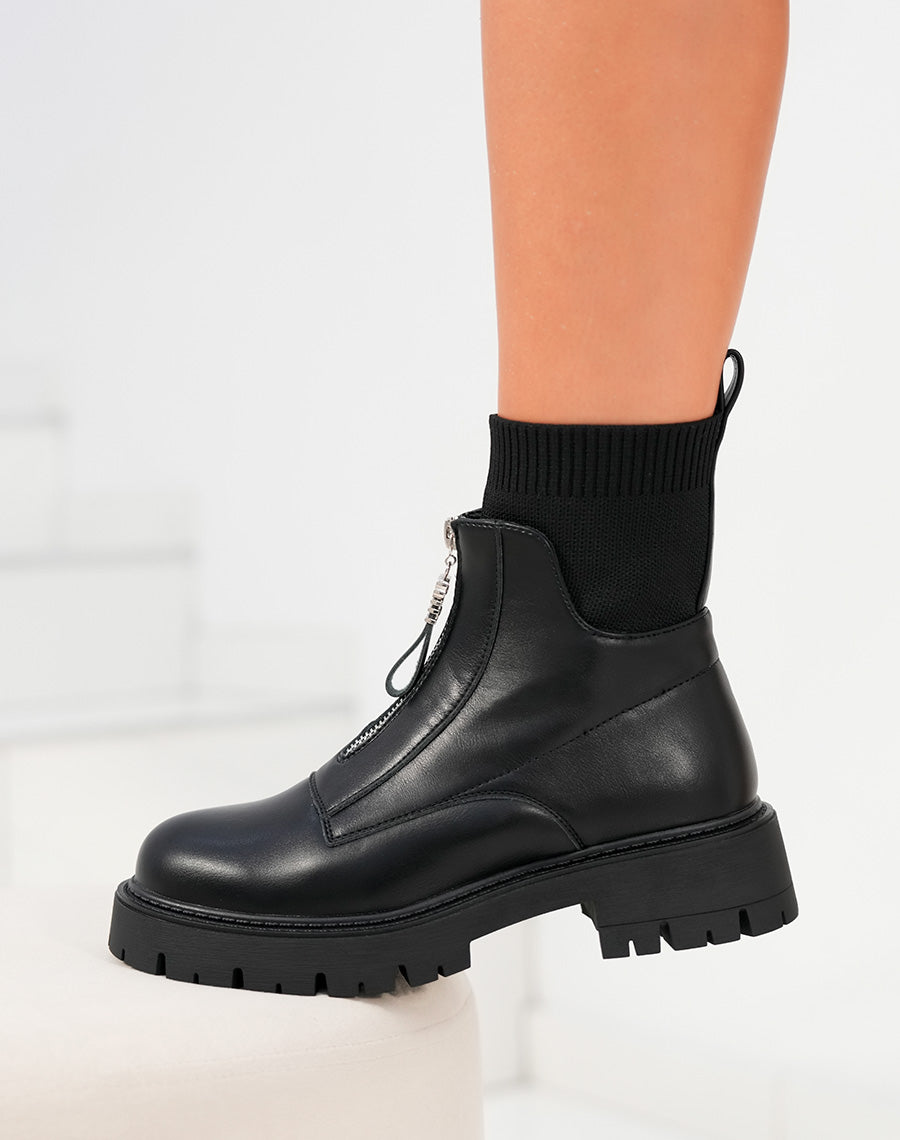 Bottines femme noires effet chaussettes avec fermeture zippée et semelle crantée