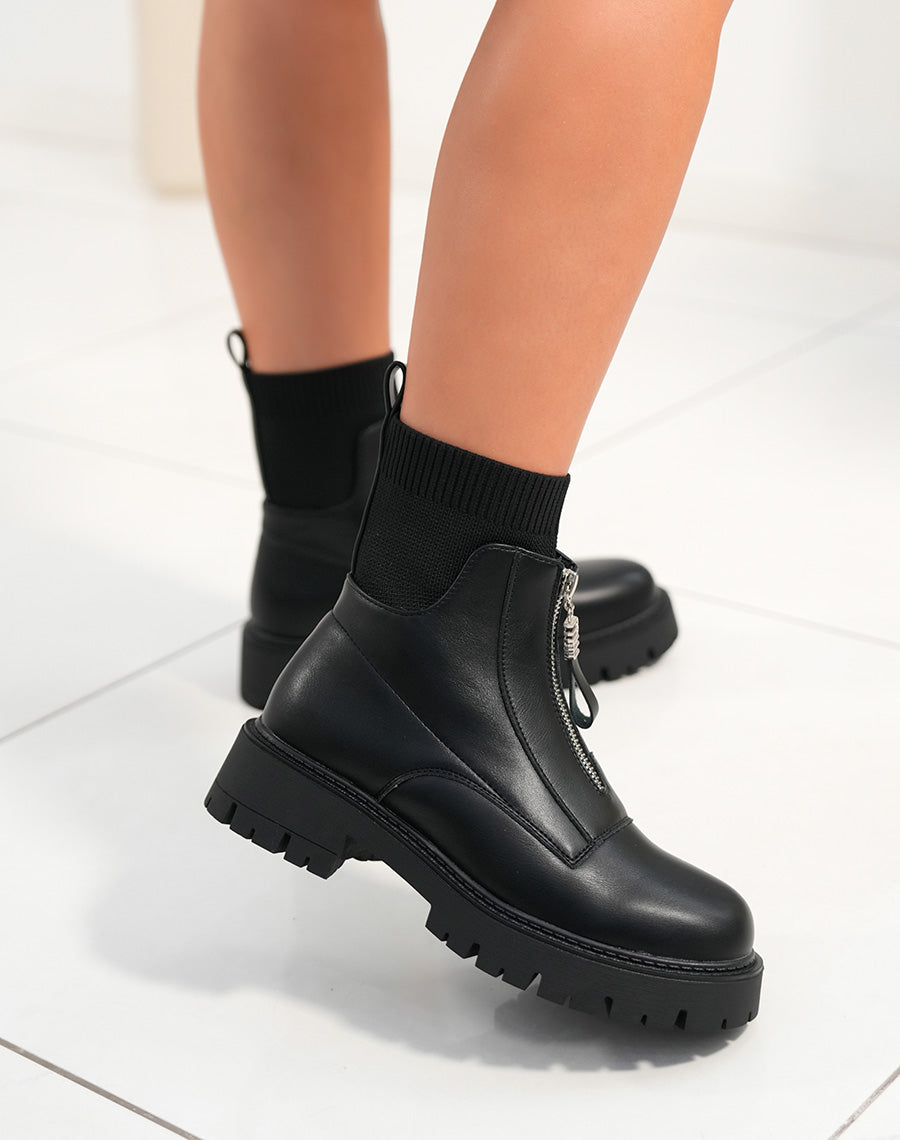 Bottines femme noires effet chaussettes avec fermeture zippée et semelle crantée