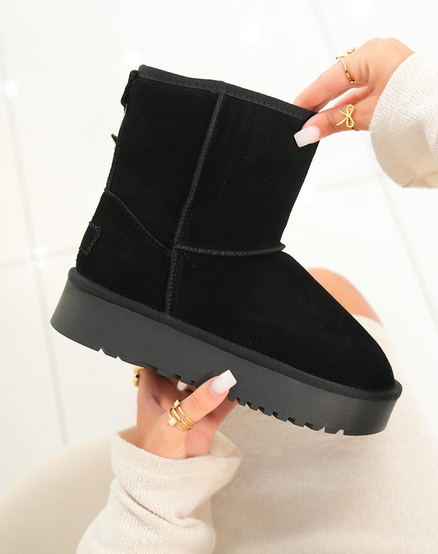 Bottines femme noires en cuir avec plateforme épaisse et intérieur fourré