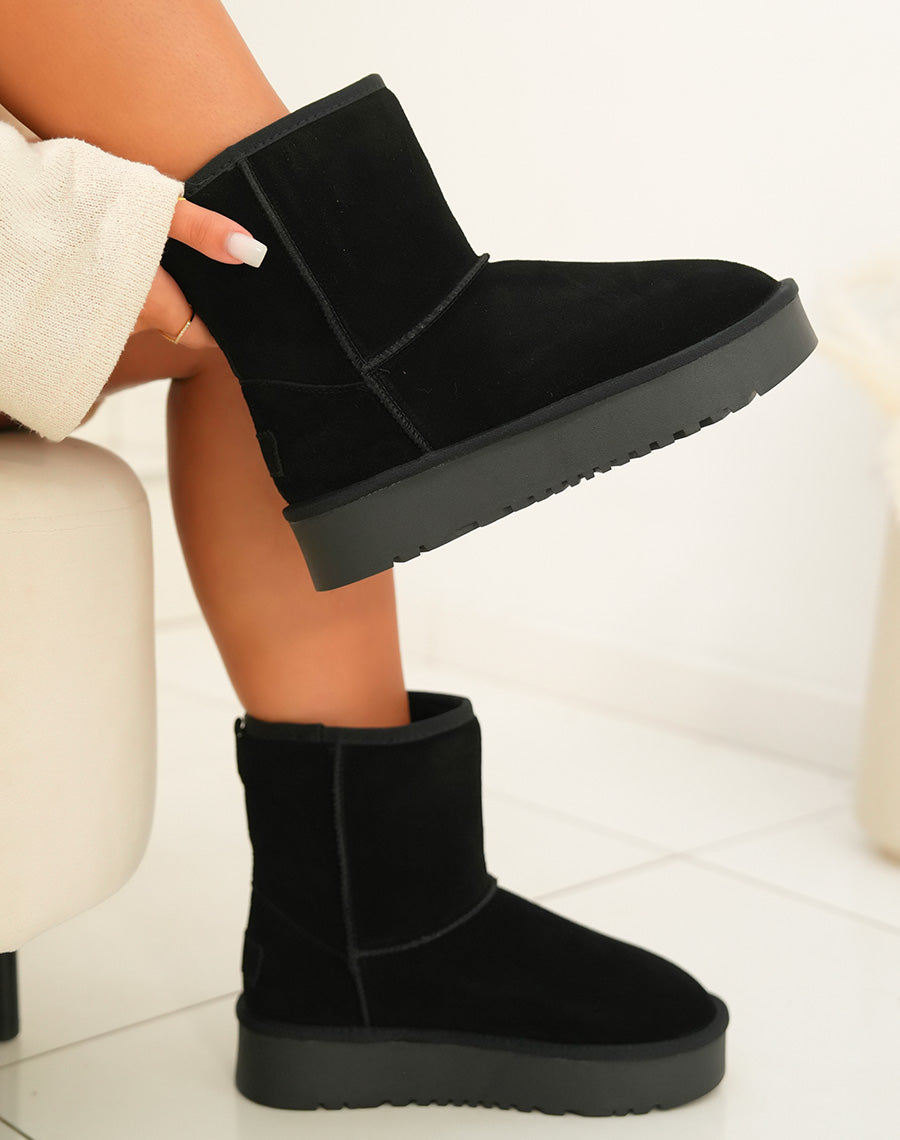 Bottines femme noires en cuir avec plateforme épaisse et intérieur fourré