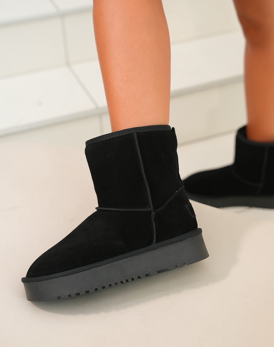 Bottines femme noires en cuir avec plateforme épaisse et intérieur fourré