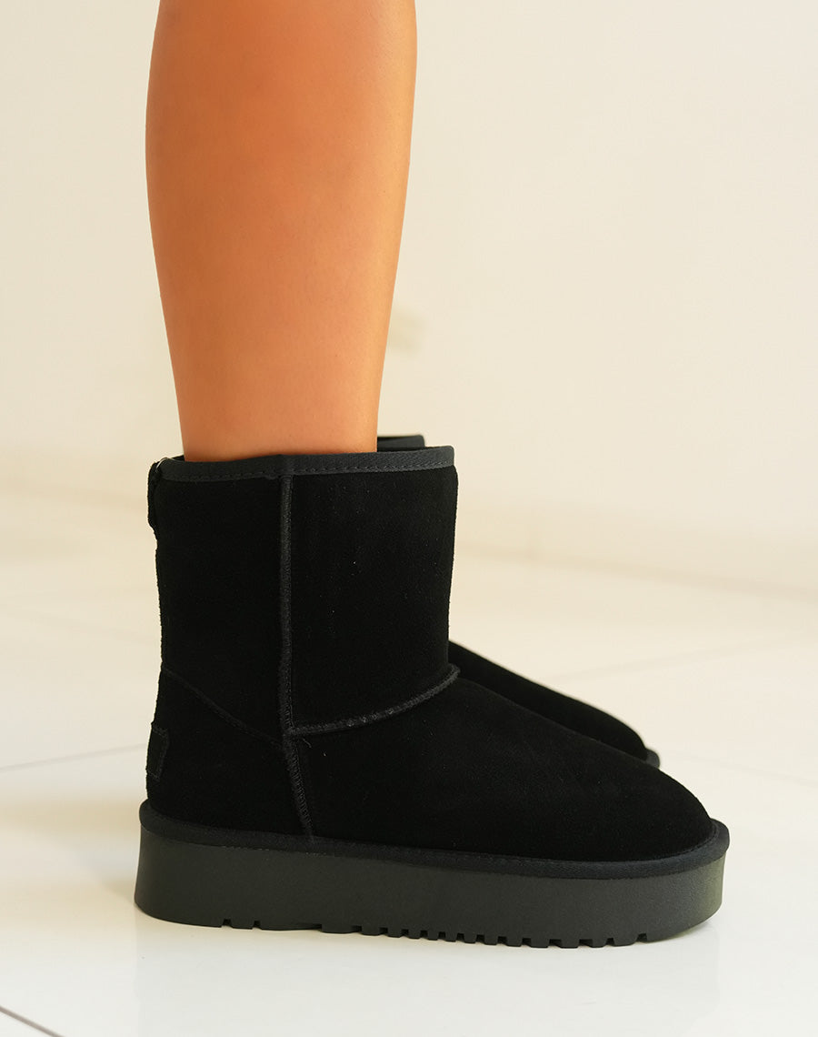 Bottines femme noires en cuir avec plateforme épaisse et intérieur fourré