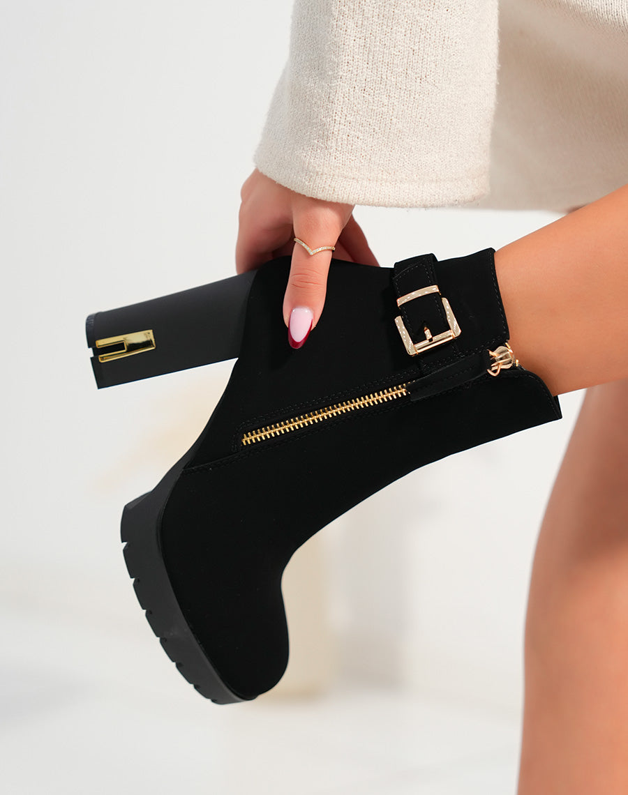 Bottines femme noires en suédine avec talon haut et détails dorés