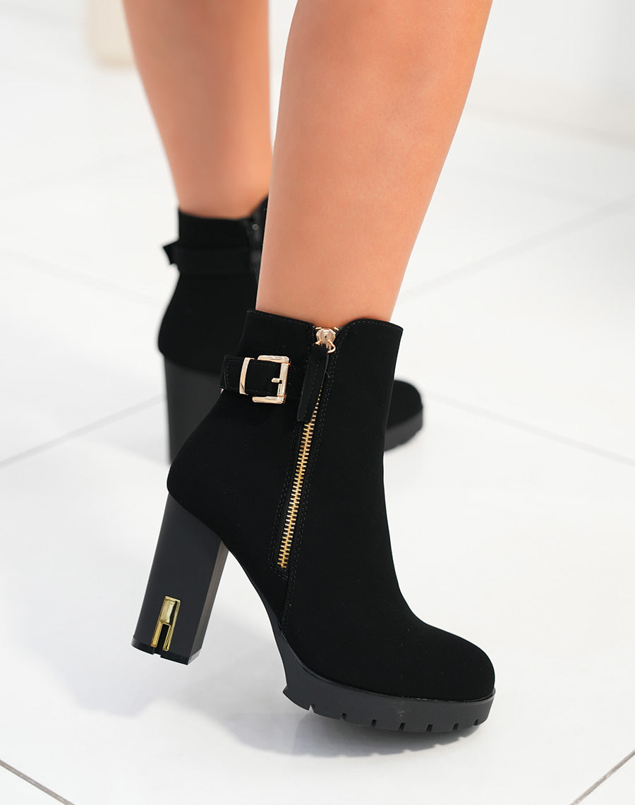 Bottines femme noires en suédine avec talon haut et détails dorés