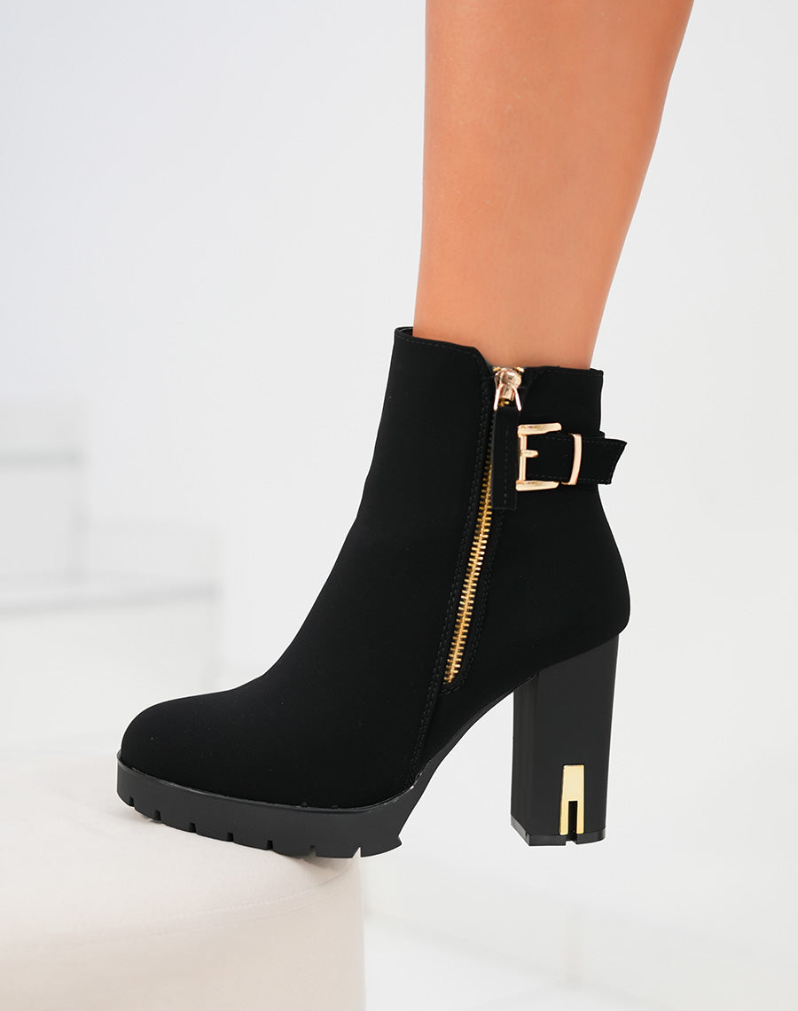 Bottines femme noires en suédine avec talon haut et détails dorés