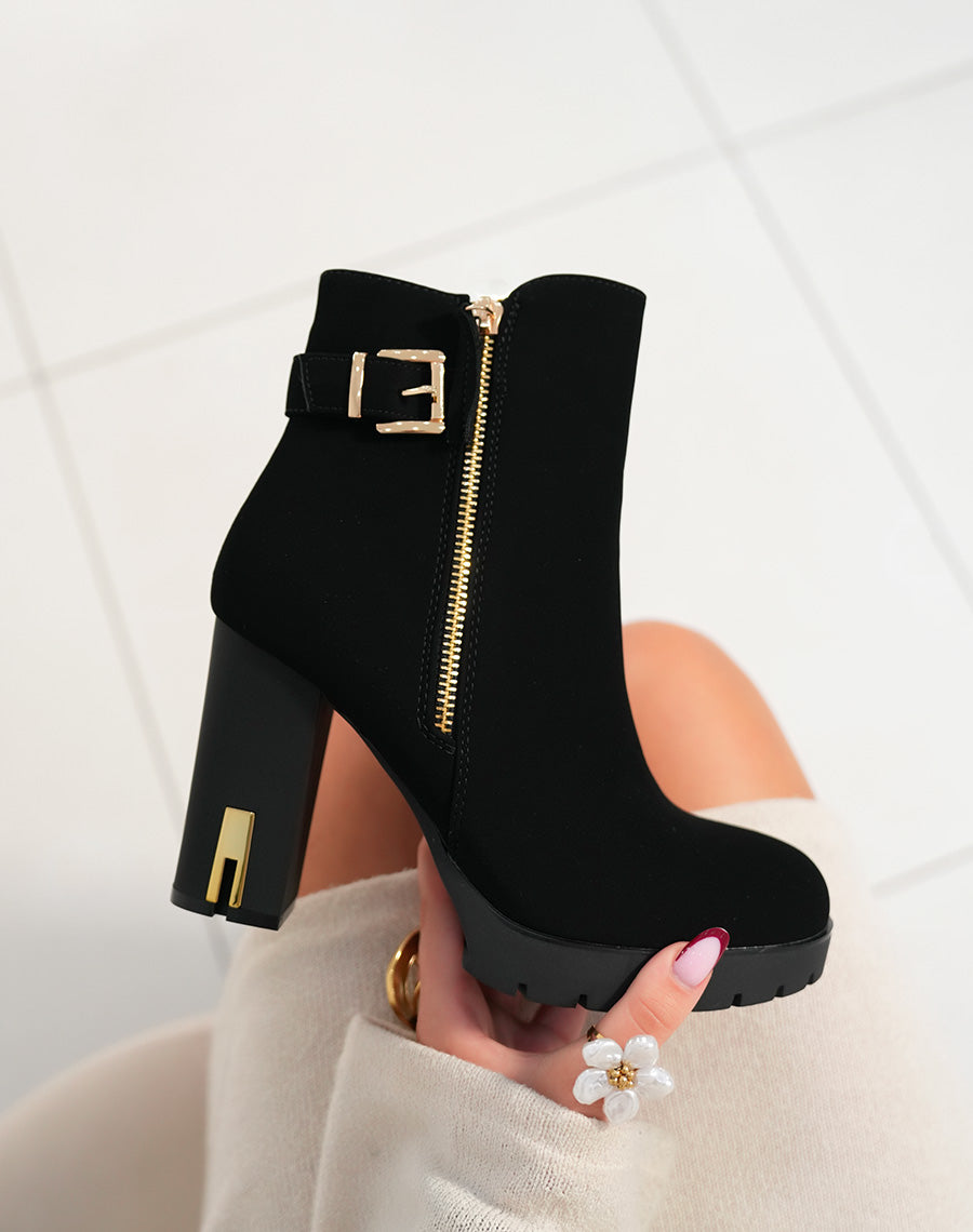 Bottines femme noires en suédine avec talon haut et détails dorés