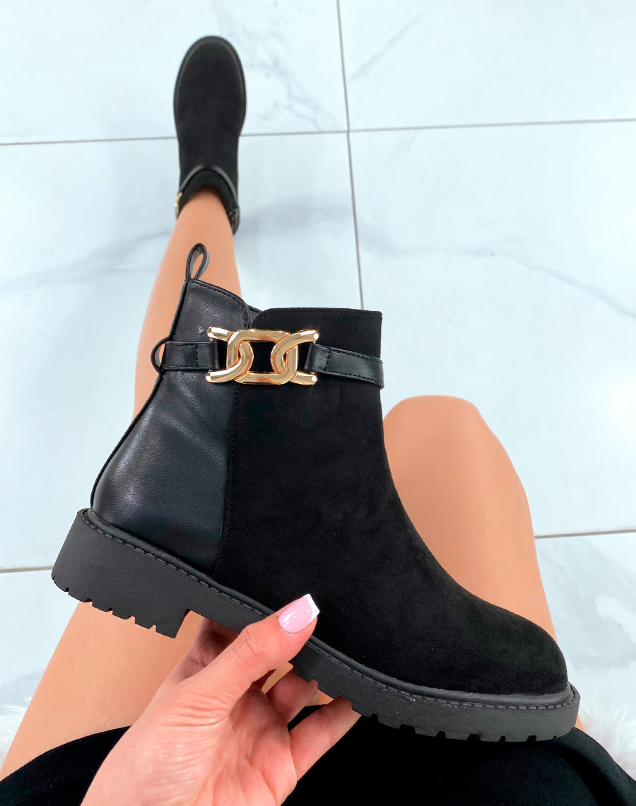 Bottines Femme Noires Élégantes : Bi-Matière & Touches Dorées