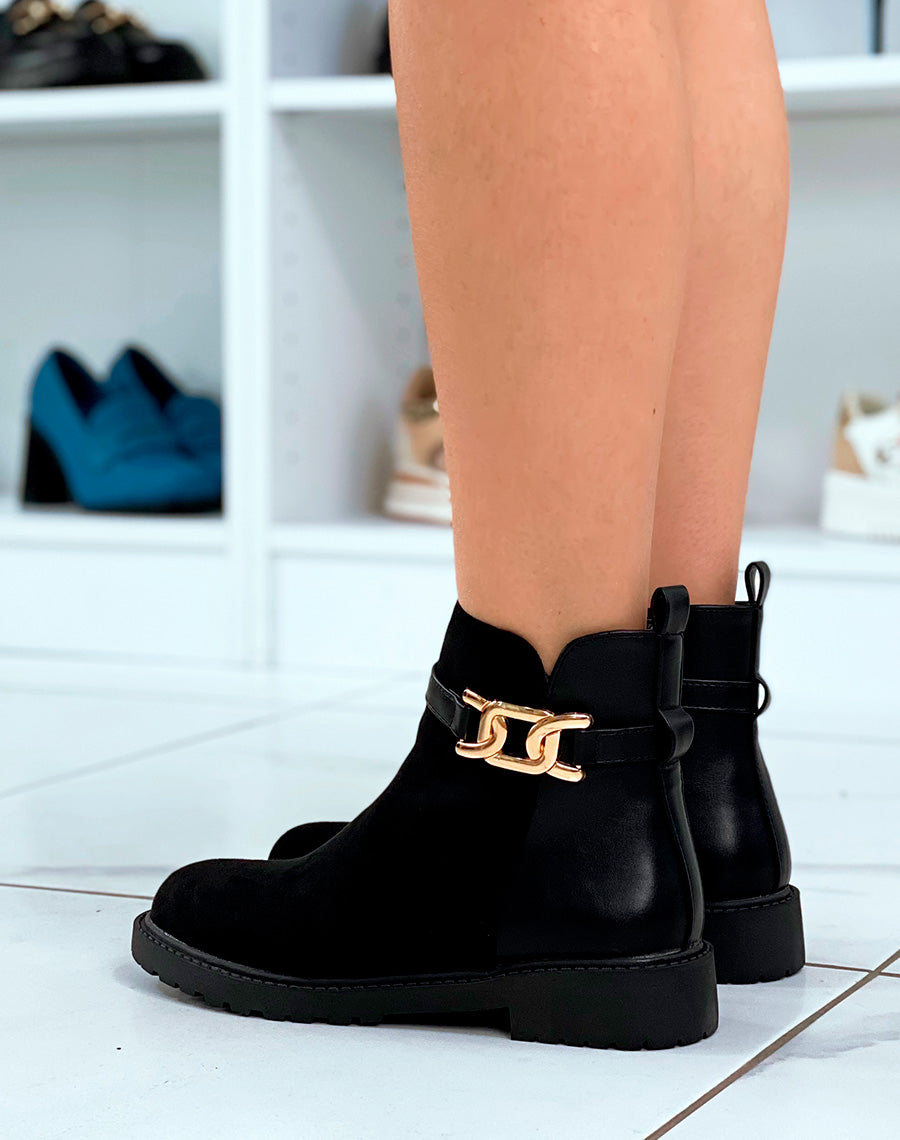 Bottines Femme Noires Élégantes : Bi-Matière & Touches Dorées