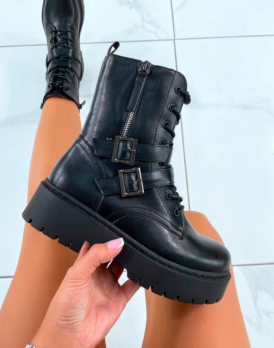 Bottines Femme Noires Montantes ? Lacet ? Double Lani?res