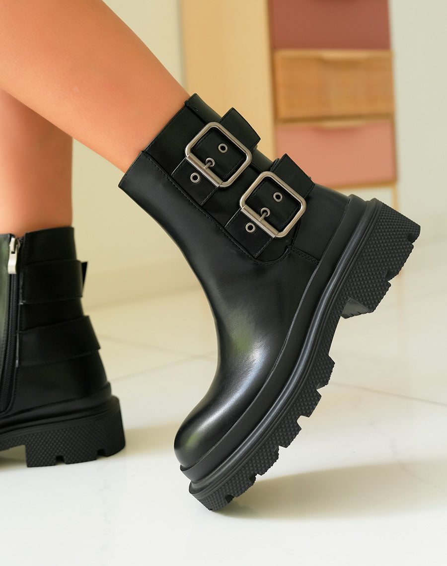 Bottines Femme Noires à Semelle Crantée et Boucles Réglables