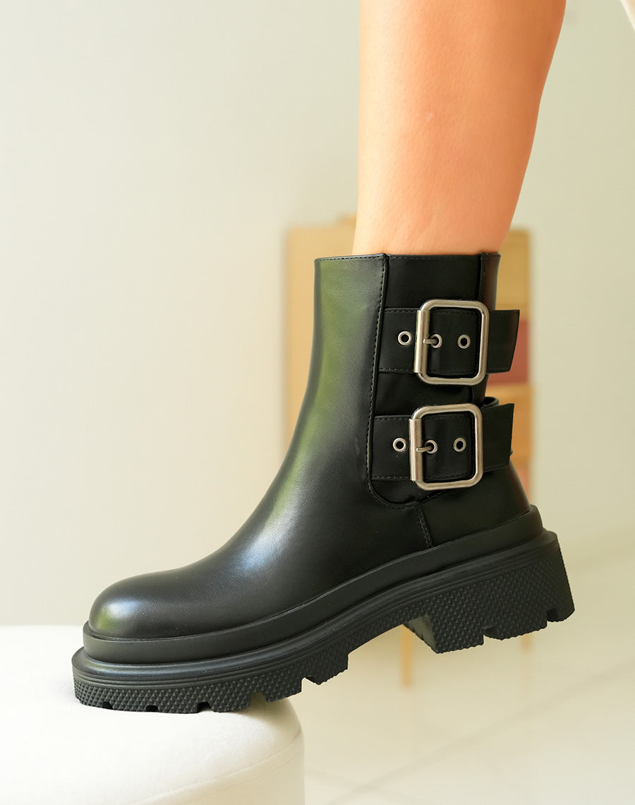 Bottines Femme Noires à Semelle Crantée et Boucles Réglables