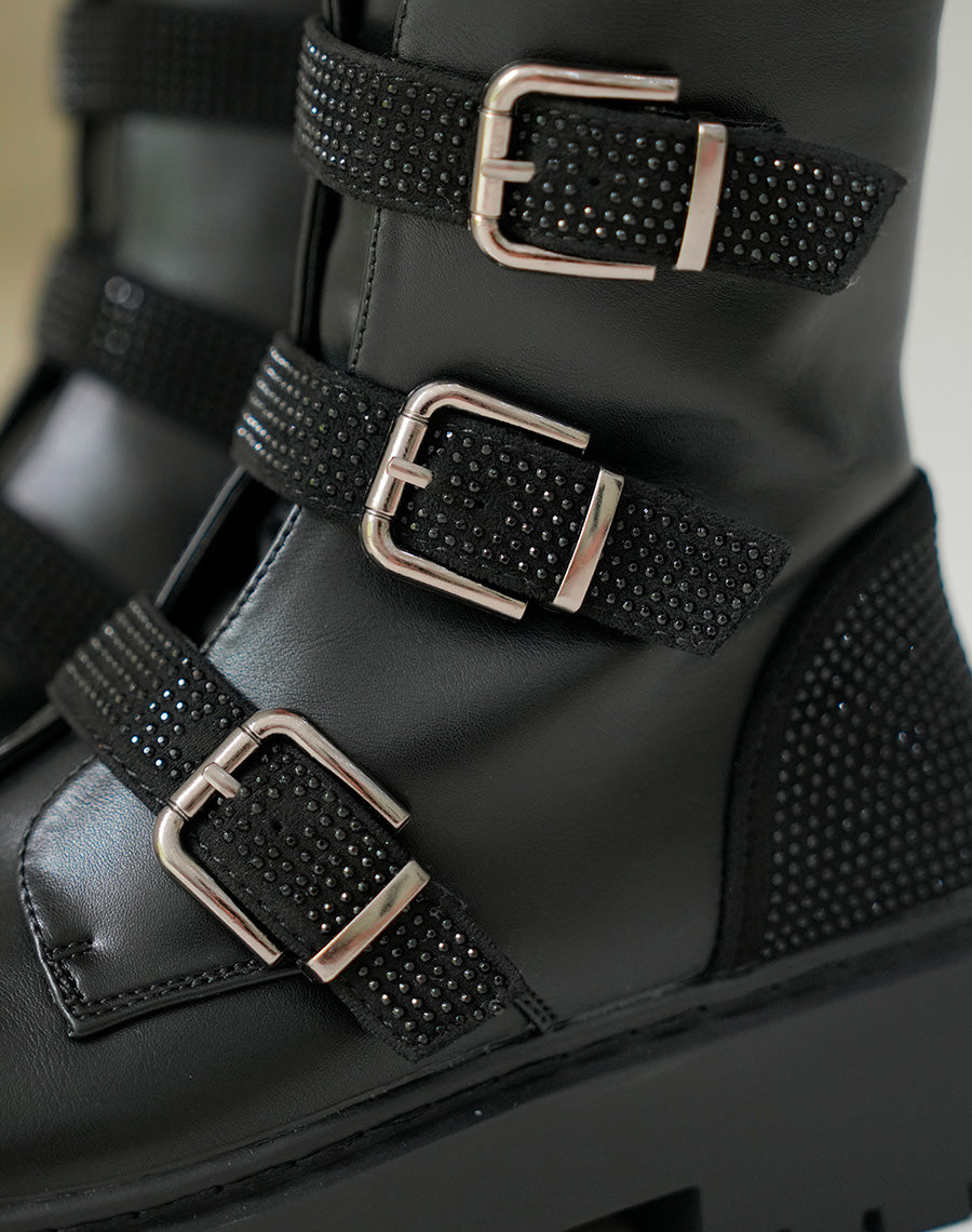 Bottines Femme Noires à Semelle Géante et Sangles Strassées