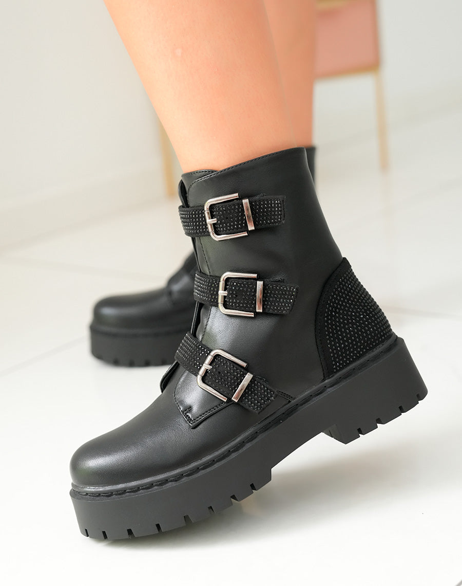 Bottines Femme Noires à Semelle Géante et Sangles Strassées