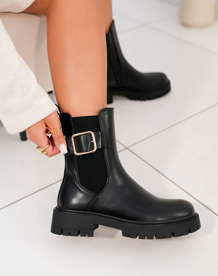 Bottines femme noires style Chelsea avec boucle dorée et semelle crantée