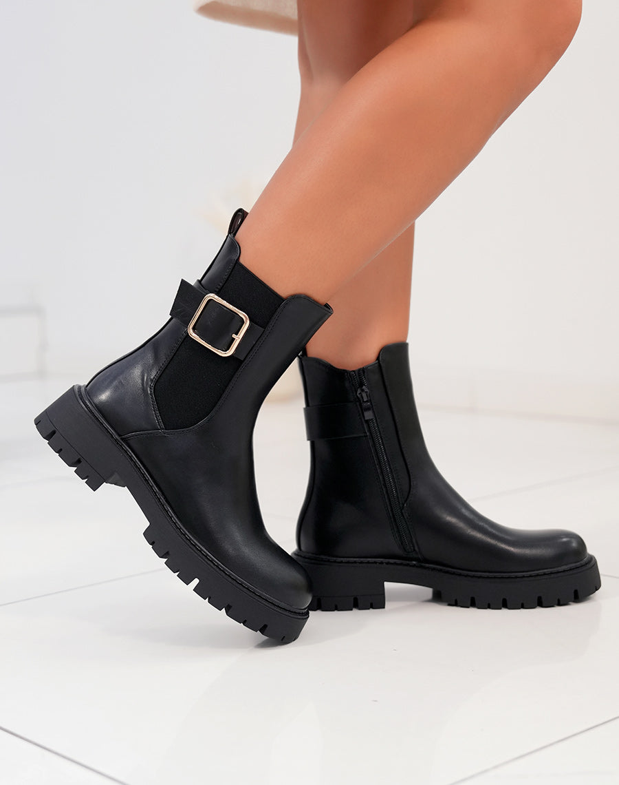 Bottines femme noires style Chelsea avec boucle dorée et semelle crantée