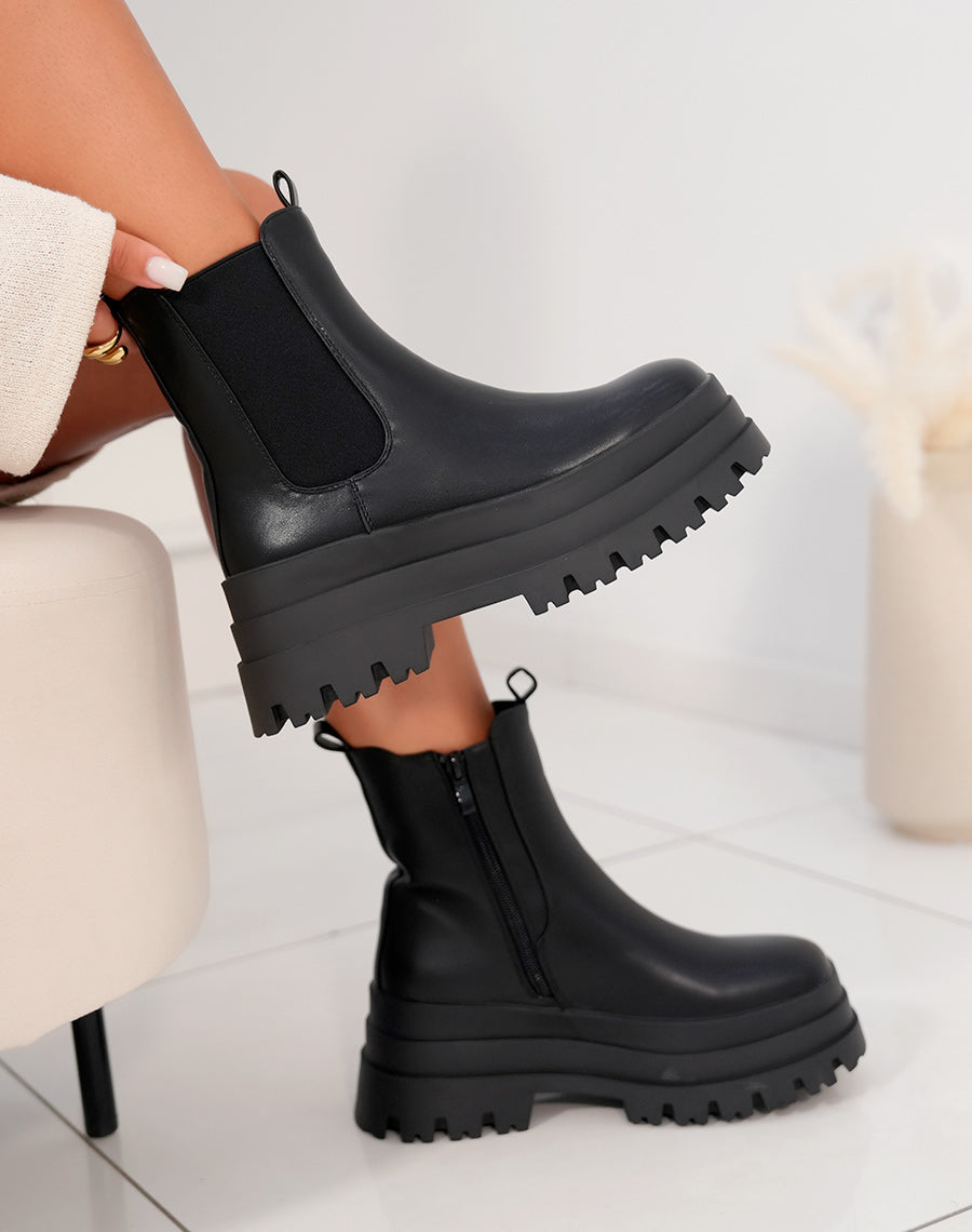 Bottines femme noires style Chelsea avec triple plateforme et semelle crantée