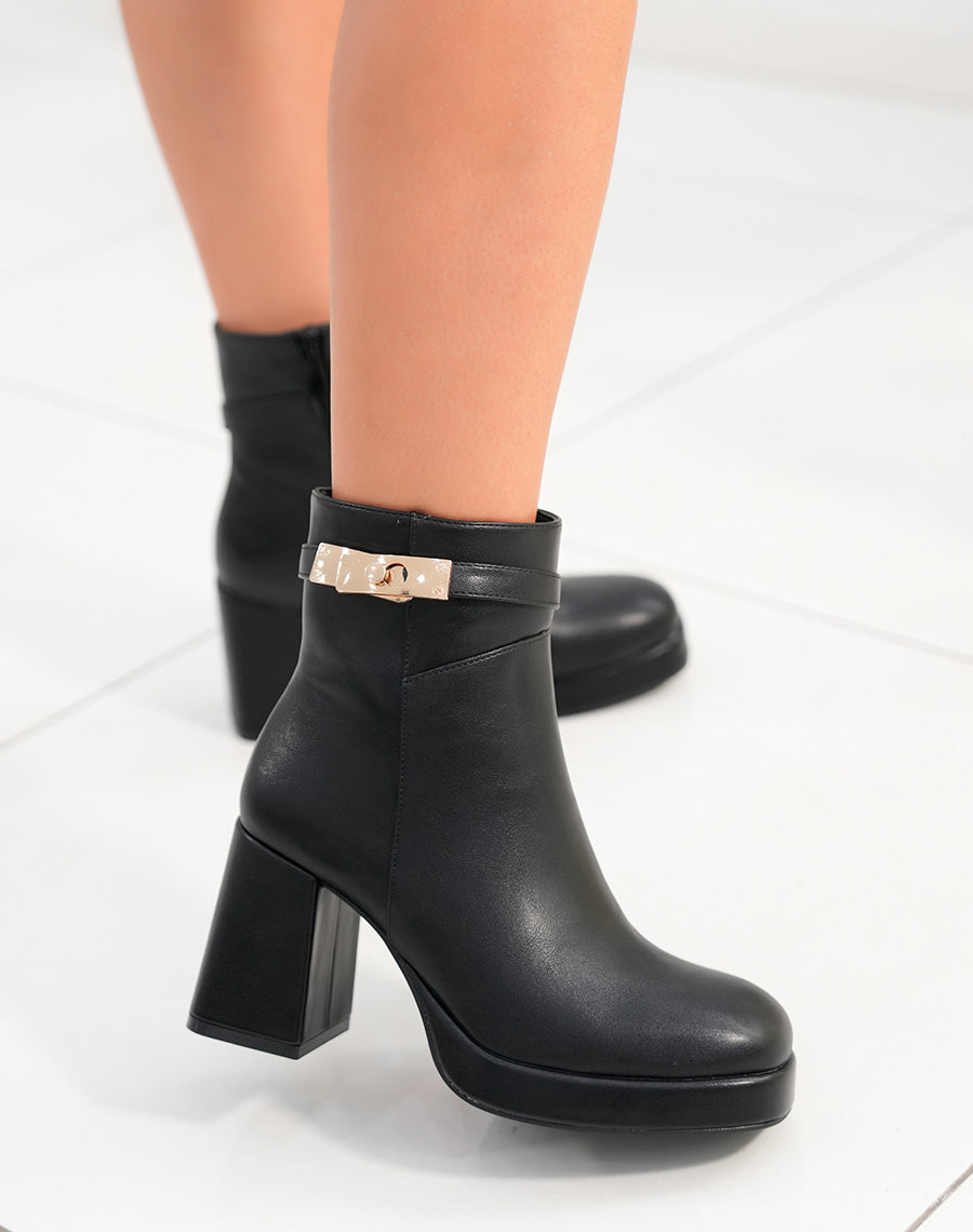 Bottines femme noires à talon haut carré avec plateforme et sangle dorée