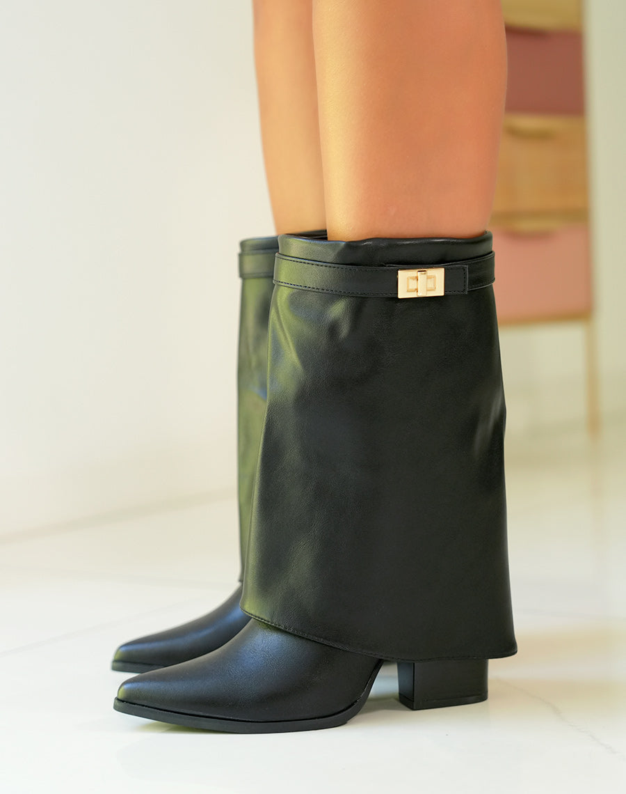 Bottines femme noires à talons carrés avec détail doré et tige repliée