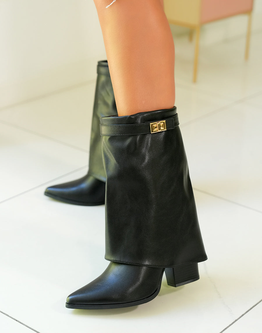 Bottines femme noires à talons carrés avec détail doré et tige repliée