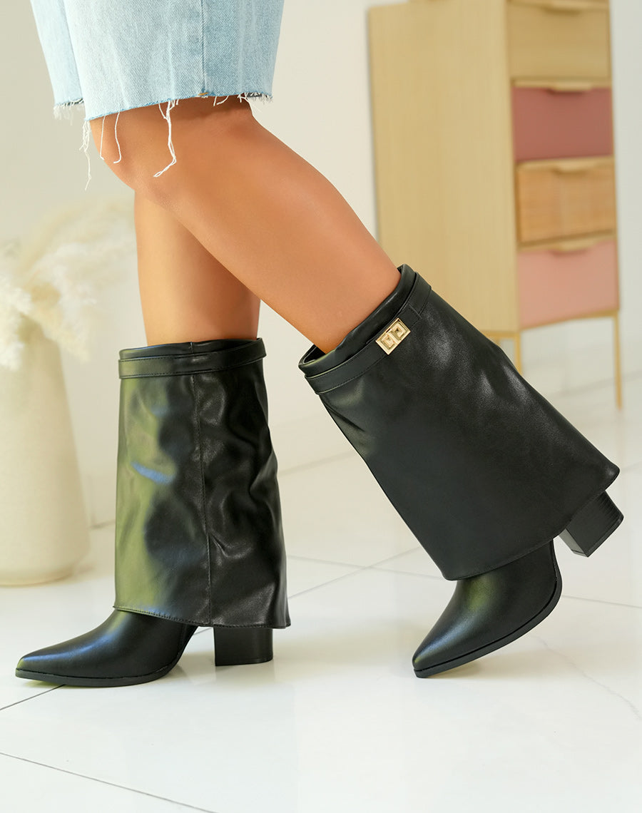 Bottines femme noires à talons carrés avec détail doré et tige repliée